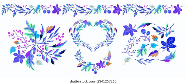Collection of autumn exotic leaves. Ethnic poster with a floral pattern. A banner with a border, a wreath of branches and berries. Falling leaf background with oak. Foliage of maple, chestnut, linden,