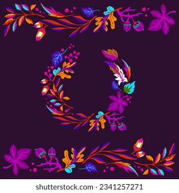 Collection of autumn exotic leaves. Ethnic poster with a floral pattern. A banner with a border, a wreath of branches and berries. Falling leaf background with oak. Foliage of maple, chestnut, linden,