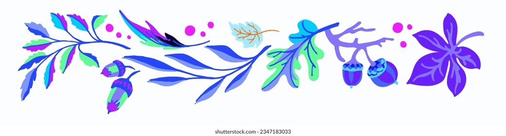 Collection of autumn exotic leaves. Ethnic poster with a floral pattern. A banner with a border, a wreath of branches and berries. Falling leaf background with oak. Foliage of maple, chestnut, linden,