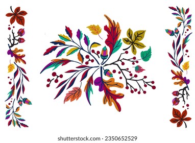 Collection of autumn exotic leaves. Ethnic poster with a floral pattern. A banner with a border, a wreath of branches and berries. Falling leaf background with oak. Foliage of maple, chestnut, linden,