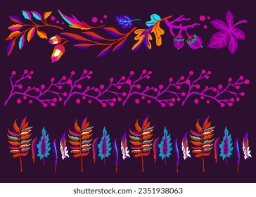Collection of autumn exotic leaves. Ethnic poster with a floral pattern. A banner with a border, a wreath of branches and berries. Falling leaf background with oak. Foliage of maple, chestnut, linden,