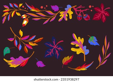 Collection of autumn exotic leaves. Ethnic poster with a floral pattern. A banner with a border, a wreath of branches and berries. Falling leaf background with oak. Foliage of maple, chestnut, linden,