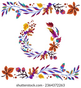 Collection of autumn exotic leaves. Ethnic poster with a floral pattern. A banner with a border, a wreath of branches and berries. Falling leaf background with oak. Foliage of maple, chestnut, linden,
