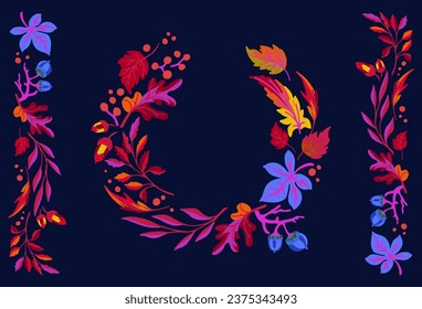 Collection of autumn exotic leaves. Ethnic poster with a floral pattern. A banner with a border, a wreath of branches and berries. Falling leaf background with oak. Foliage of maple, chestnut