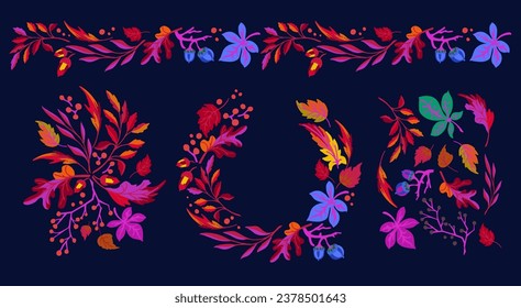 Collection of autumn exotic leaves. Ethnic poster with a floral pattern. A banner with a border, a wreath of branches and berries. Falling leaf background with oak. Foliage of maple, chestnut, linden,