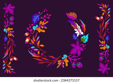 Collection of autumn exotic leaves. Ethnic poster with a floral pattern. A banner with a border, a wreath of branches and berries. Falling leaf background with oak. Foliage of maple, chestnut, linden