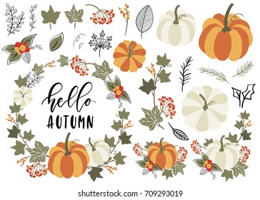 Collection Of Autumn And Fall Elements. Clip Art With Pumpkin, Leaf, Wreath, Branch, Berry. Vector Illustration. 