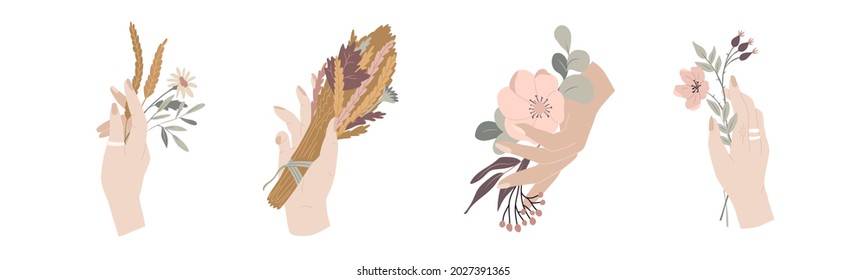 Collection Autumn floral compositions. Hand with fall flowers bouquet. Vector illustration. Decorative elements isolated on white background. Flat style. For manicure, jewelry store, cosmetic, beauty.