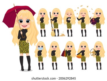 Collection of Autumn girl cartoon character outdoor activities with black sweater and leopard pattern skirt , Honey blonde hair, isolated cartoon on white background vector illustration 