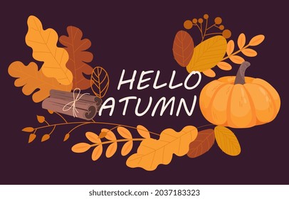 Collection of autumn. Graphic elements for website. Change of seasons. Beautiful wallpaper fotr smartphone and computer. Invitation card. Flat vector illustration isolated on dark background