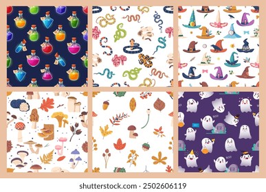 Collection Of Autumn And Halloween-themed Patterns Featuring Magical Elements Like Potion Bottles, Snakes, Witch Hats