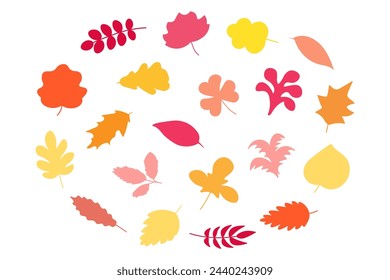 Colección de follaje dibujado a mano de otoño. Hojas de árbol, conjunto de herbario. Coloridas hojas anaranjadas, amarillas y rojas del año pasado. Iconos planos del vector de la historieta aislados sobre fondo blanco