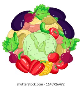 collection  autumn harvest of  fruit and vegetables: beet, eggplant, kale, potato,cucumber, tomato, pepper, vector set