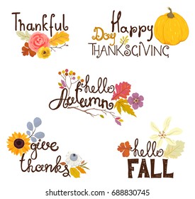 Collection of autumn holidays stickers, vector floral illustration in rustic style on white background.