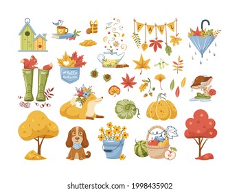 Collection of autumn icon. Traditional fall attributes. Dry garden trees, yellow foliage, mushrooms, rubber boots, animals, seasonal harvest, umbrella, vegetable, flowers, seasonal harvest flat vector