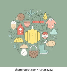 Collection of autumn icons in a circle. Isolated graphic element for banners and flyers.