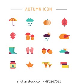 Collection of autumn icons. Collection of autumn clothes items. Autumn harvest foods and plants.