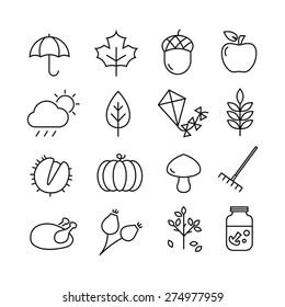 Collection of autumn icons - autumn symbols and activities. Thin lines style.