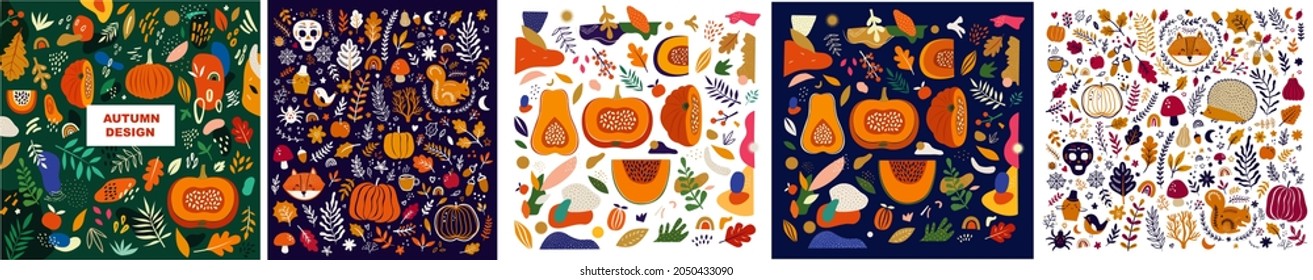 Collection of autumn illustrations with pumpkins, leaves, forest animals and halloween symbols