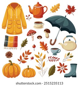 Una colección de artículos de otoño que incluye una chaqueta amarilla, paraguas, juego de té, setas y hojas. Vector otoño Clipart.