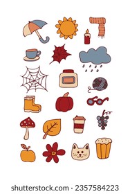 Collection of autumn items isolated on white background. Autumn clothes, leaves, clouds, pie, pumpkin, umbrella, cup, rowan. Coloring. Vector illustration.