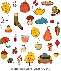 Colección de artículos de otoño aislados sobre fondo blanco. Ropa de otoño, hojas, nubes, pastel, calabaza, paraguas, taza, serbal. Para colorear. Ilustración vectorial.