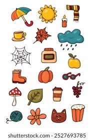 Colección de artículos de otoño aislados sobre fondo blanco. Ropa de otoño, hojas, nubes, pastel, calabaza, paraguas, taza, serbal. Para colorear. Ilustración vectorial.