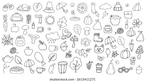 Collection of autumn items isolated on white background. Autumn clothes, leaves, clouds, pie, pumpkin, umbrella, cup, rowan. Coloring. Vector illustration.