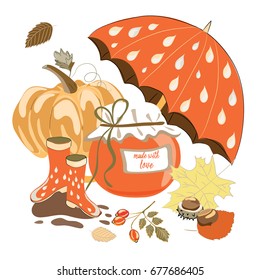Collection of autumn items like marmalade jar, umbrella, rainy boots, pumpkins and leaves. Vector illustration on white background