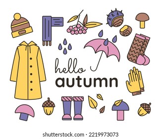 Collection of autumn items - waterproof clothes and an umbrella. Walk through the woods. Collect nuts and mushrooms. Vector illustration
