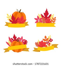 Collection of autumn leaf, pumpkin, and mushroom with label template. Decorative label sticker. Flat vector cartoon style isolated on white