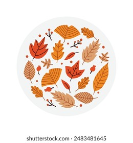 Collection of autumn leaves and berries in a circle. Isolated graphic element for banners and flyers, print, clothes.