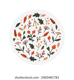 Collection of autumn leaves and berries in a circle. Isolated graphic element for banners and flyers, print, clothes.