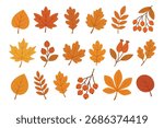 Collection of autumn leaves and berries in flat cartoon style, colorful seasonal foliage isolated on white background.