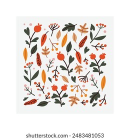 Collection of autumn leaves and berries in a square. Isolated graphic element for banners and flyers, print, clothes.