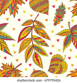 Collection of autumn leaves of different trees (oak, linden, maple, acacia) hand draw in vector. Decorative seamless pattern can be used for design of stationery (notepads, paper, folders, etc.)