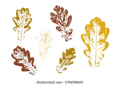Collection of autumn leaves imprints. Colored silhouettes of leaves. Set with stamp leaves. Vector illustration.