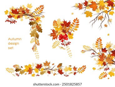 Collection of autumn leaves silhouette vector. Set elements of plants, branches and leaves. Hand drawn of nature decor for website, graphic, decorative, advertising, invitations, flyers