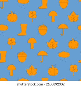 Collection of autumn objects seamless pattern. Flat vector illustration