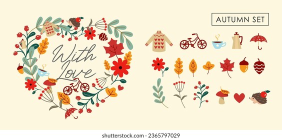 Collection of autumn objects in vector. Autumn heart in vector. Flat style. A collection of leaves, berries, acorns, cones and other autumn objects.