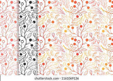 Collection of autumn patterns with  leaves,berries and floral elements in fall colors.Seamless patterns perfect for prints, flyers,postcards,fabric,wrapping paper and more.Vector autumn backgrounds.