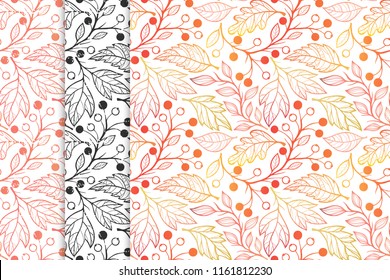 Collection of autumn patterns with  leaves,berries and floral elements in fall colors.Seamless patterns perfect for prints, flyers,postcards,fabric,wrapping paper and more.Vector autumn backgrounds.