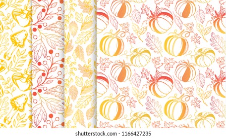 Collection of autumn patterns with leaves,berries,pumpkins,mushrooms in fall colors.Seamless patterns perfect for prints, flyers,postcards,fabric,wrapping paper and more.Vector autumn backgrounds.a Collection of autumn patterns with leaves,berries,pumpkins,mushrooms in fall colors.Seamless patterns perfect for prints, flyers,postcards,fabric,wrapping paper and more.Vector autumn backgrounds.a