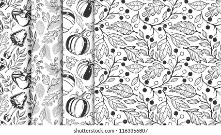 Collection of autumn patterns with leaves,berriess,pumpkins,mushrooms in black and white.Seamless patterns perfect for prints,flyers,postcards,fabric,wrapping paper and more.Vector autumn backgrounds.