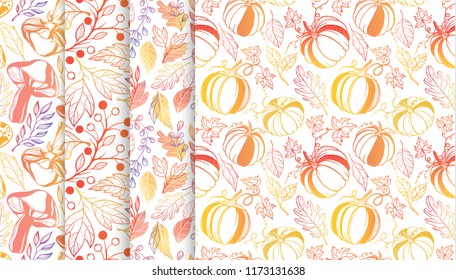 Collection of autumn patterns with leaves,berriess,pumpkins,mushrooms in fall colors.Seamless patterns perfect for prints, flyers,postcards,fabric,wrapping paper and more.Vector autumn backgrounds.