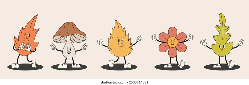 Collection of autumn playful cartoon characters in retro groovy style. Joyful leaf, oak leaf, cheerful pumpkin, funny mushroom, happy flower. Cute autumn harvest retro mascot set. Hello autumn.