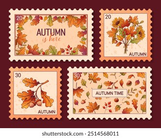 Collection of autumn postage stamps. Vector illustration of fall leaves, bouquet. Frame and pattern. Warm fall, thanksgiving day concept.