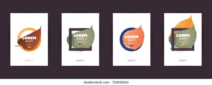 Collection of Autumn Poster, Flyer, Card, Banner, Label or Cover Template Designs - Colorful Fallen Leaves, Vector illustration