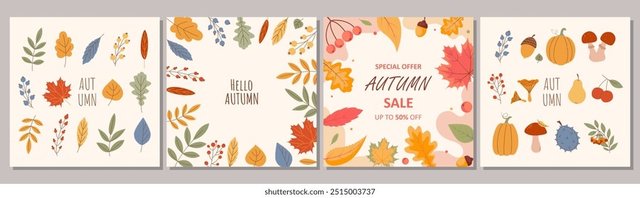 Collection Autumn Poster Templates. Abstract Fall background, cover, sale banner, flyer design. Autumn leaves, mushrooms, pumpkins. Foliage falling. Vector Set of trendy minimal autumn banners 