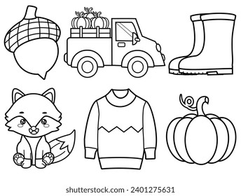 Collection of autumn related elements including acorn, pickup truck, boots, fox, sweater and pumpkin